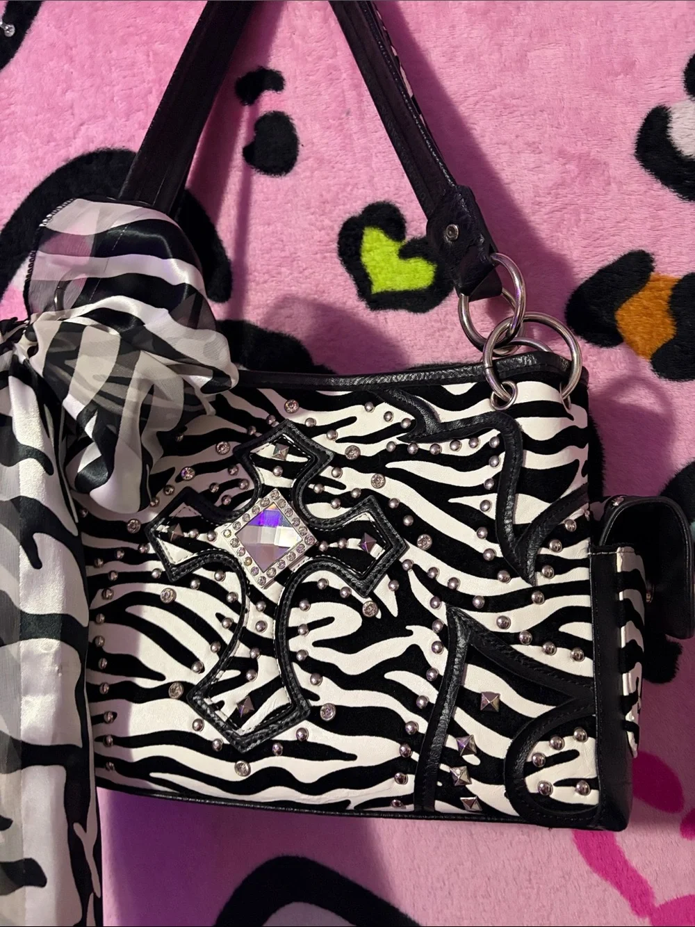 Zebra Print Black & White Shoulder Bag with Decorative Bow